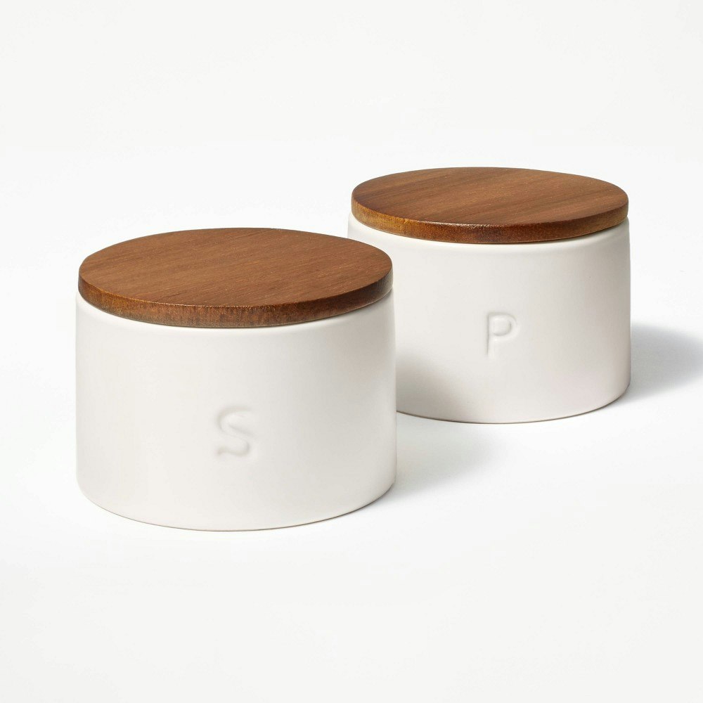 Figmint Stoneware Salt and Pepper Cellar Set with Wood Lids 2-Pack: $10 Figmint Stoneware Salt and Pepper Cellar Set with Wood Lids 2-Pack: $10