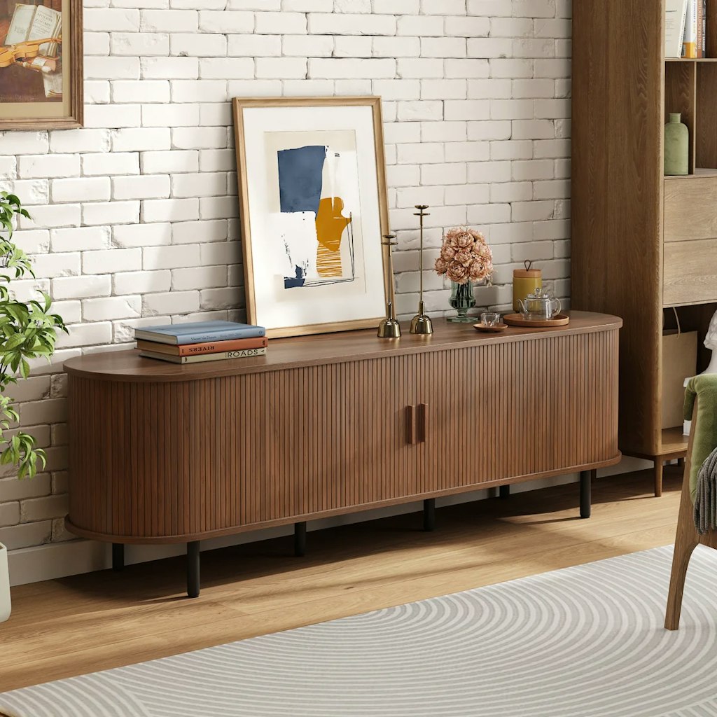 Ebern Designs Jalonda Modern Wood TV Stand w/ Storage & Shelves: $190