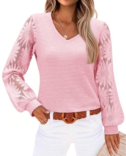 Siliteelon Women's Floral Lace V-Neck Long Sleeve Blouse: $9.99