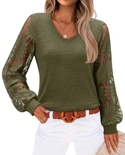 Siliteelon Women's Floral Lace V-Neck Long Sleeve Blouse: $9.99 Siliteelon Women's Floral Lace V-Neck Long Sleeve Blouse: $9.99