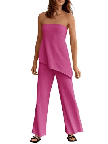Tankaneo Women's 2-Piece Asymmetrical Tube Top and Wide Leg Pants Lounge Set: $42.49