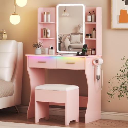 Makeup Vanity Table with LED Mirror, Power Outlet, and Chair: $135.99