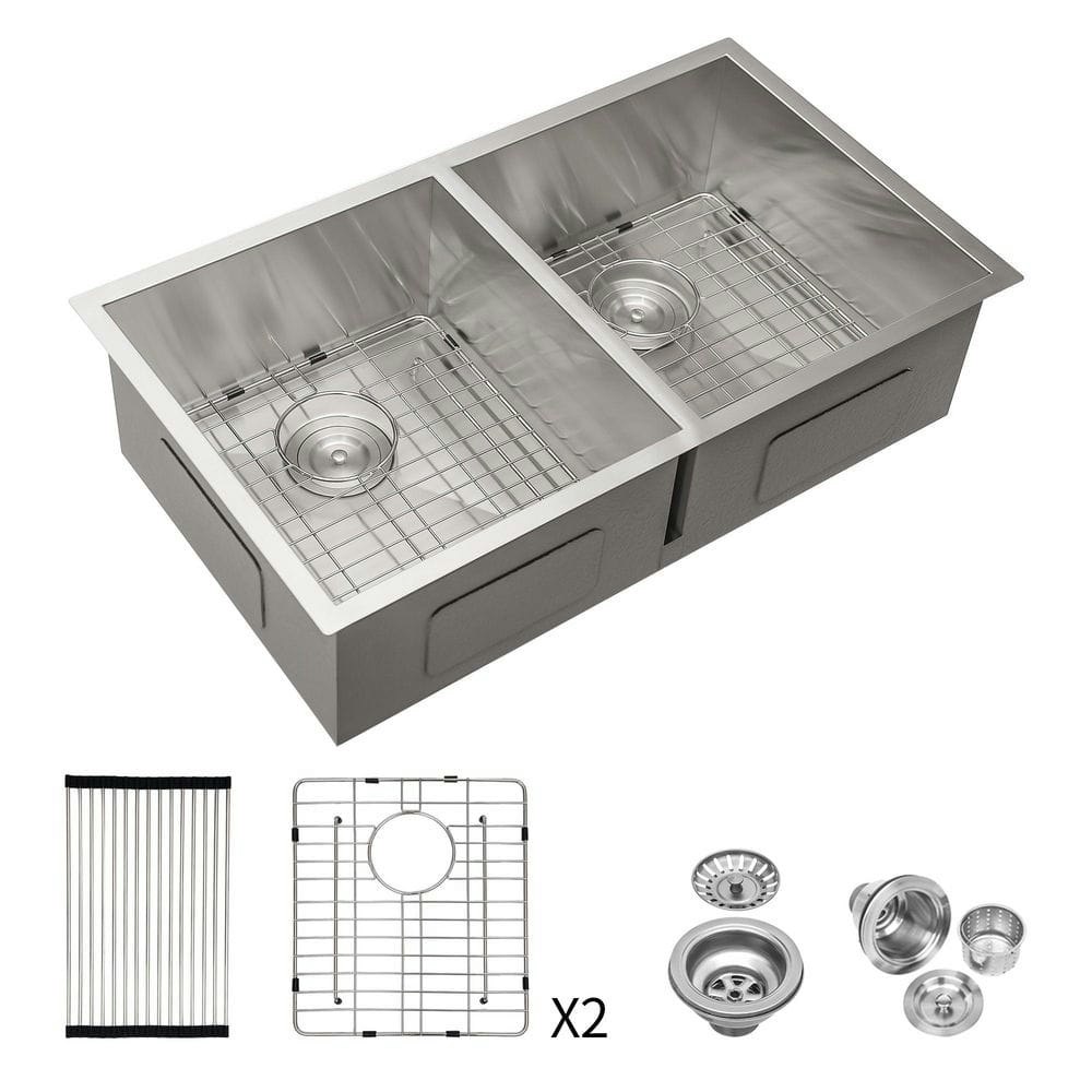 32-Inch Undermount Double Bowl 16-Gauge Stainless Steel Kitchen Sink with Bottom Grids: $312.54
