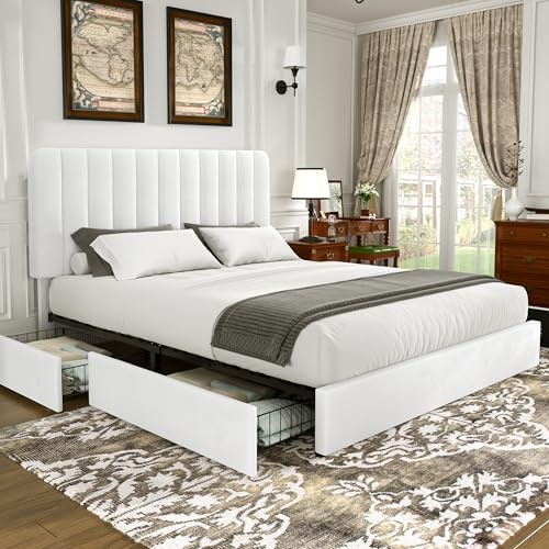Vecelo King Size Upholstered Platform Bed Frame with 4 Drawers: $229.99