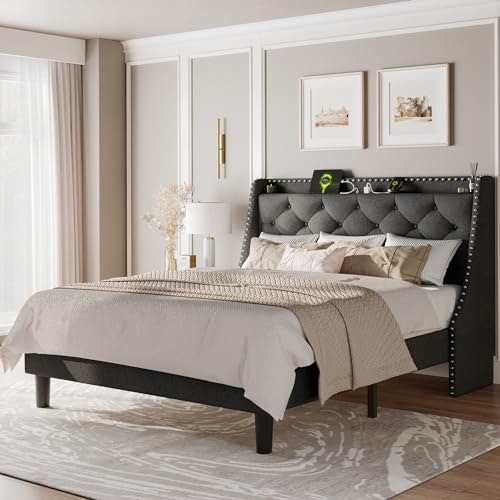 Feonase Full Size Upholstered Wingback Platform Bed with Charging Station: $135.96