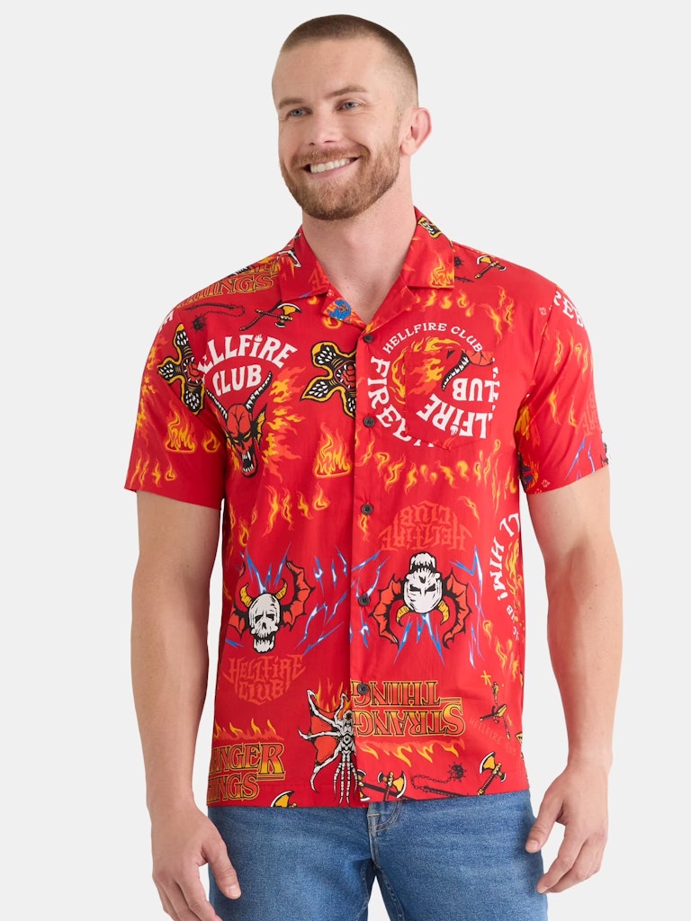 Stranger Things Men's Hellfire Club Print Button-Up Cotton Shirt (M only): $5.40