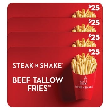 Four $25 Steak 'N Shake Gift Cards ($100 Value): $80 Four $25 Steak 'N Shake Gift Cards ($100 Value): $80
