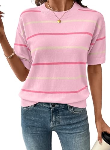 Shewin Women's Crew Neck Short Sleeve Striped Sweater: $16.99