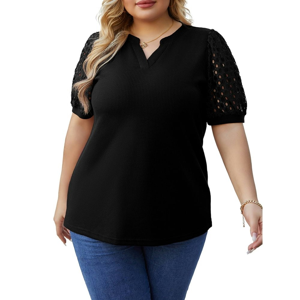 Cueply Women's Plus Size Waffle Knit Lace Blouse: $14.79 Cueply Women's Plus Size Waffle Knit Lace Blouse: $14.79