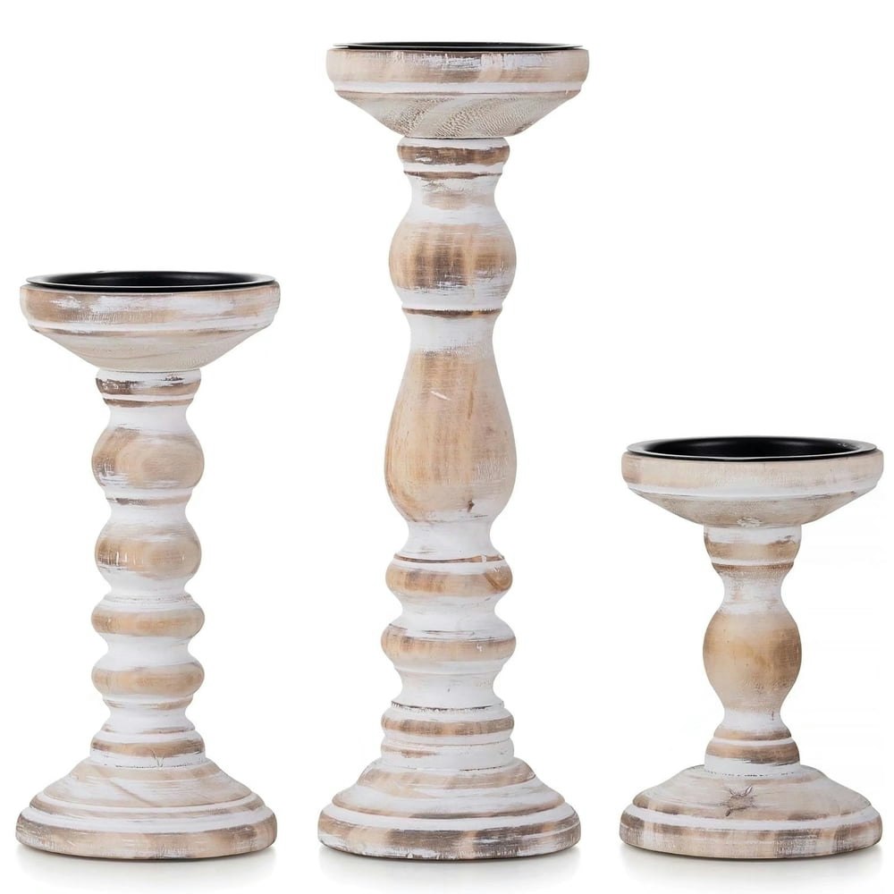 Nuptio Farmhouse Wood Pillar Candle Holder 3-Piece Set: $25.68 Nuptio Farmhouse Wood Pillar Candle Holder 3-Piece Set: $25.68