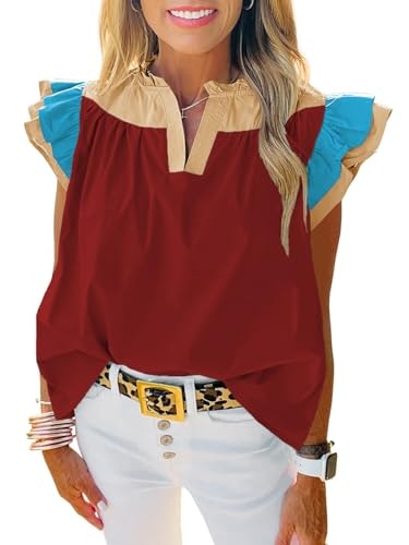 Tankaneo Women's Color Block Ruffle V-Neck Blouse: $16.98