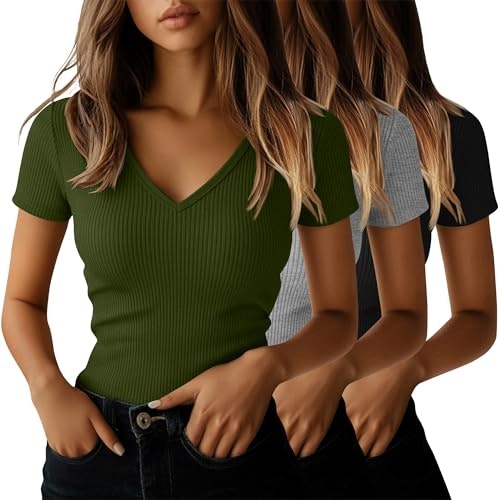 Ficerd Women's V-Neck Ribbed Cotton T-Shirt 3-Pack: $31.44