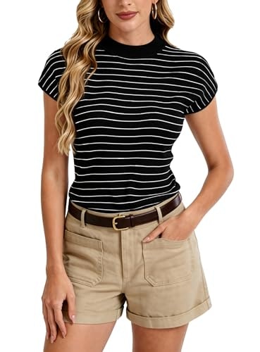 Latahuo Women's Slim Fit Ribbed Knit Short Sleeve Sweater: $14.98