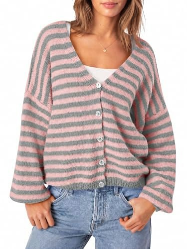 Saodimallsu Women's Oversized Striped V-Neck Cardigan: $27.99
