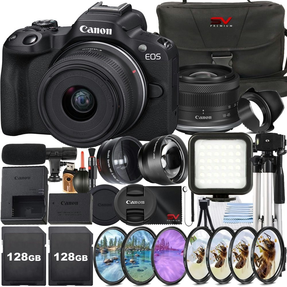 Canon EOS R50 Mirrorless Camera with 18-45mm Lens and Accessory Bundle: $819.99 Canon EOS R50 Mirrorless Camera with 18-45mm Lens and Accessory Bundle: $819.99