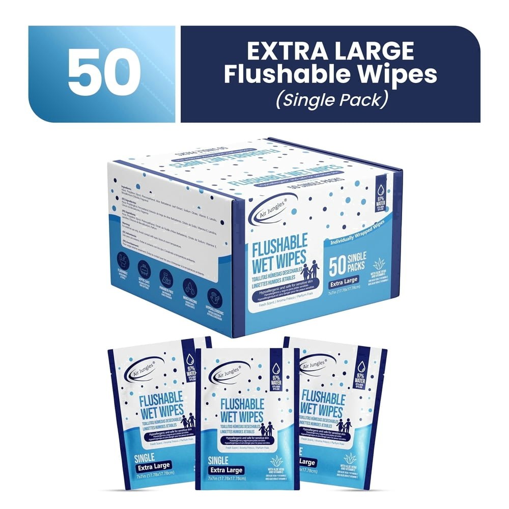 Air Jungles Individually Wrapped Flushable Wipes 50-Count: $9.99 Air Jungles Individually Wrapped Flushable Wipes 50-Count: $9.99