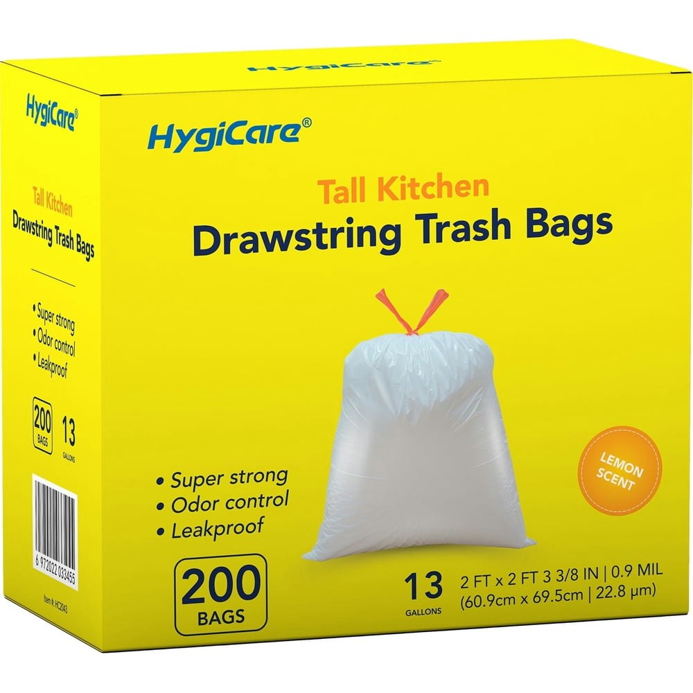 HygiCare 13-Gallon Lemon Scented Drawstring Trash Bags 200-Count: $25.26