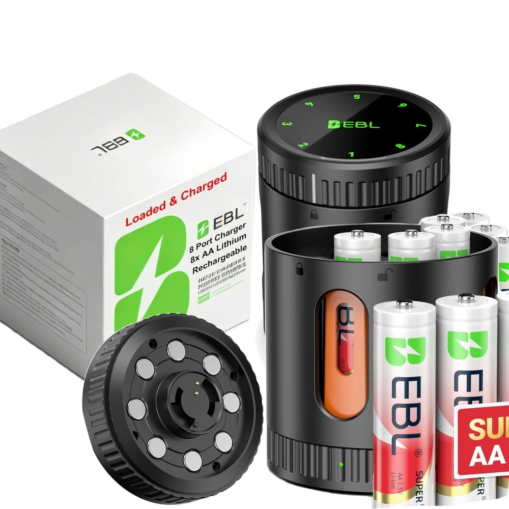 EBL 8-Bay Battery Charger and 8-Pack 1.5V AA Lithium Rechargeable Batteries: $39.99 EBL 8-Bay Battery Charger and 8-Pack 1.5V AA Lithium Rechargeable Batteries: $39.99