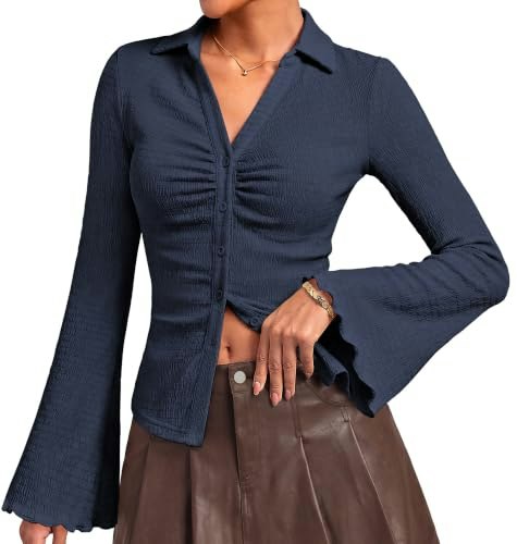 Kate Kasin Women's Collared Button Down Ruched Bell Sleeve Shirt: $17.98 Kate Kasin Women's Collared Button Down Ruched Bell Sleeve Shirt: $17.98