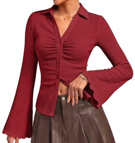 Kate Kasin Women's Collared Button Down Ruched Bell Sleeve Shirt: $17.98 Kate Kasin Women's Collared Button Down Ruched Bell Sleeve Shirt: $17.98