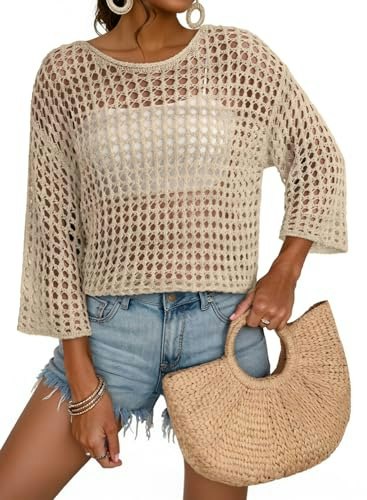 Dokotoo Women's 3/4 Sleeve Crochet Knit Pullover Sweater: $19.57