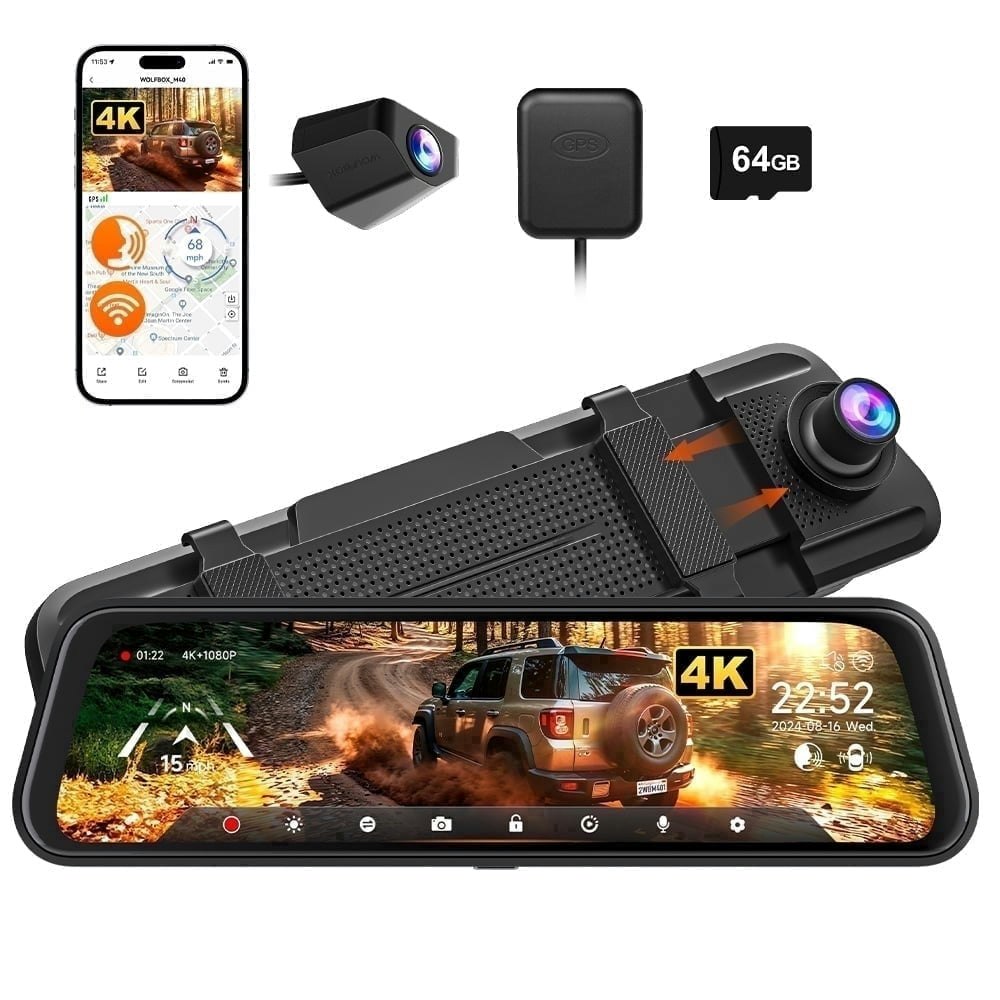 Wolfbox M40 10-Inch 4K Front & 1080p Rear Mirror Dash Cam: $119.99