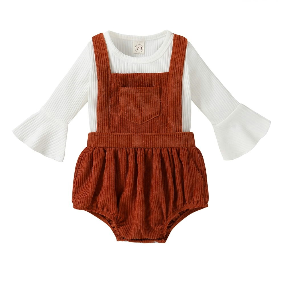 Younger Tree Baby Girl Bell Sleeve Romper and Corduroy Overalls Outfit: $14.99 Younger Tree Baby Girl Bell Sleeve Romper and Corduroy Overalls Outfit: $14.99