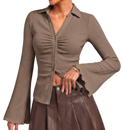Kate Kasin Women's Collared Button Down Ruched Bell Sleeve Shirt: $17.98 Kate Kasin Women's Collared Button Down Ruched Bell Sleeve Shirt: $17.98