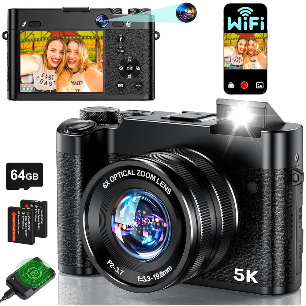 5K 64MP Dual-Lens Digital Vlogging Camera with 64GB Card: $98.99 5K 64MP Dual-Lens Digital Vlogging Camera with 64GB Card: $98.99