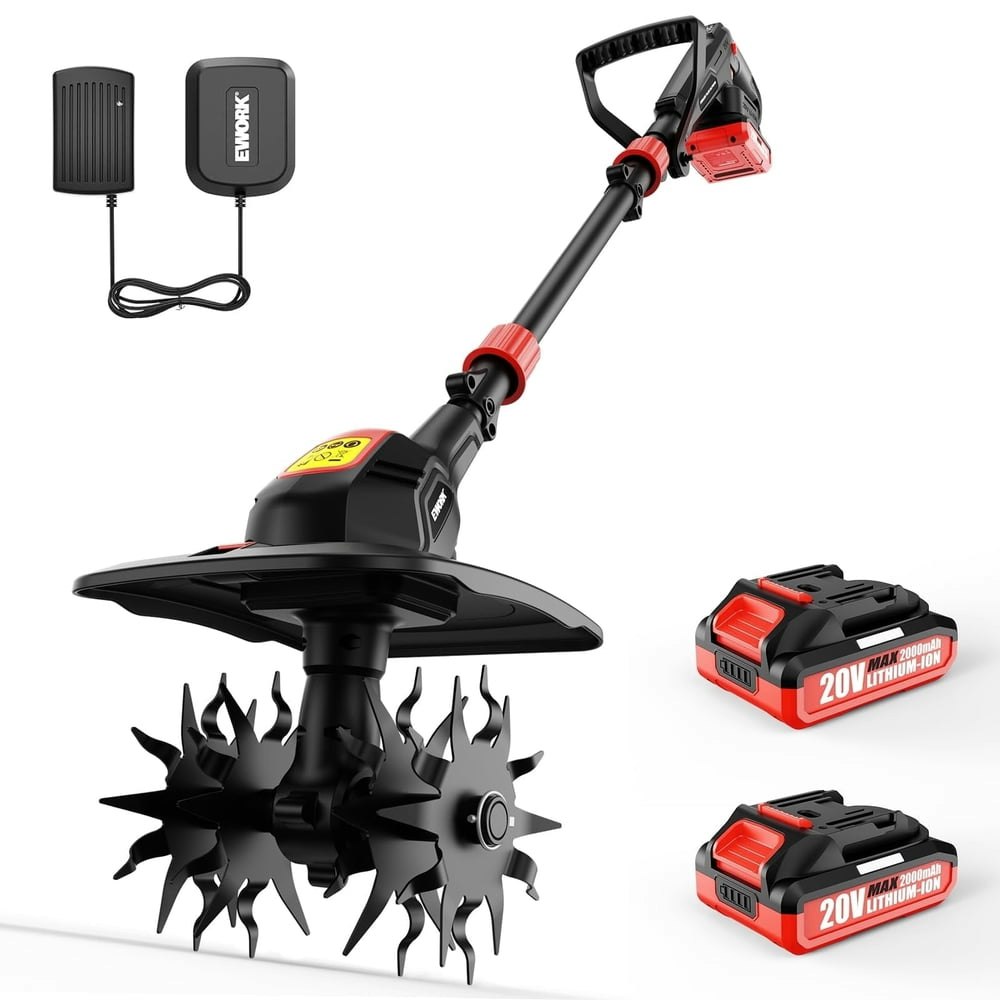 Ework 20V 9-Inch Cordless Tiller Cultivator with 2 Batteries and Charger: $99.98 Ework 20V 9-Inch Cordless Tiller Cultivator with 2 Batteries and Charger: $99.98
