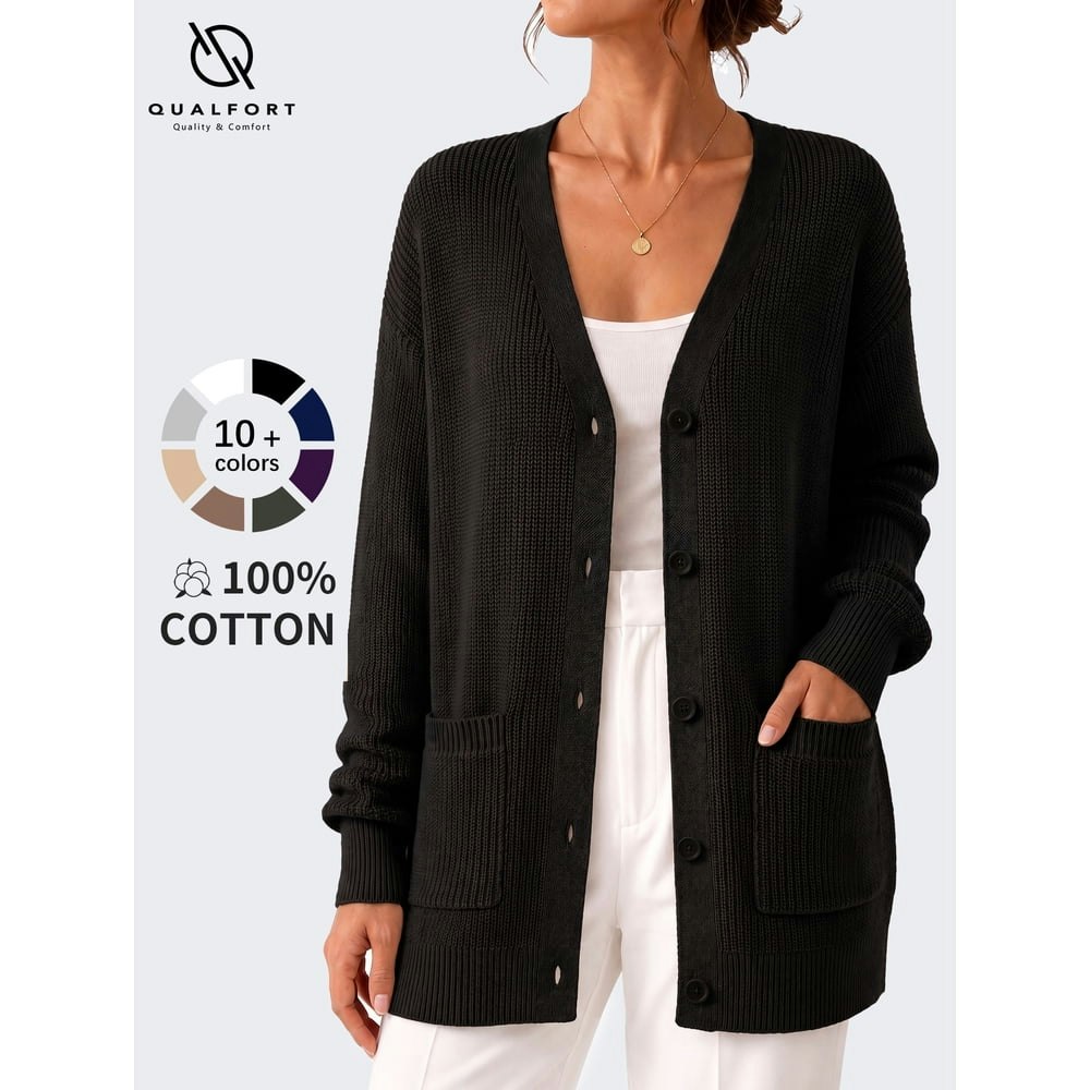 Qualfort Women's Cotton V-Neck Button-Front Cardigan: $29.99 Qualfort Women's Cotton V-Neck Button-Front Cardigan: $29.99