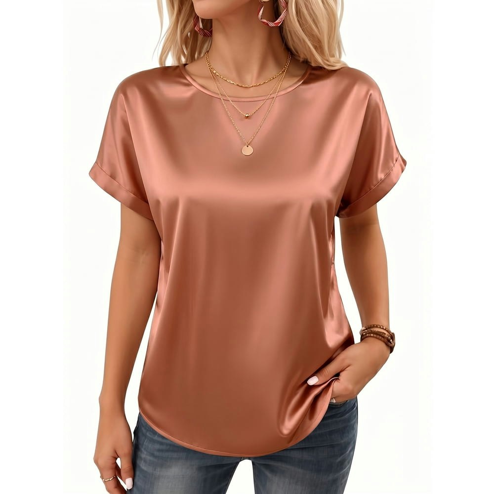 Moyiko Women's Satin Short Sleeve Crewneck Blouse: $13.98 Moyiko Women's Satin Short Sleeve Crewneck Blouse: $13.98