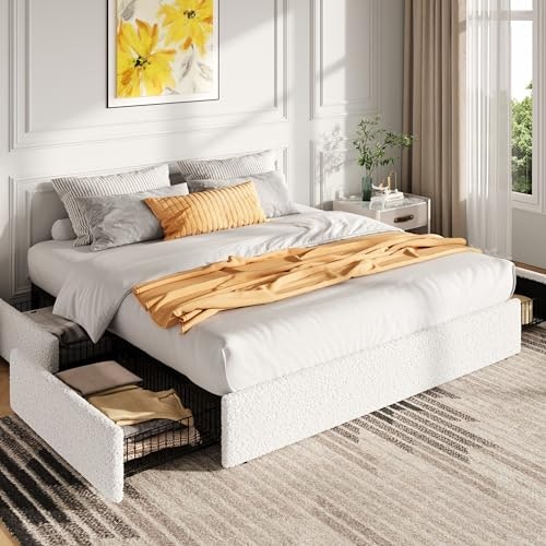 Sha Cerlin King Size Boucle Platform Bed Frame with 4 Drawers: $165.57