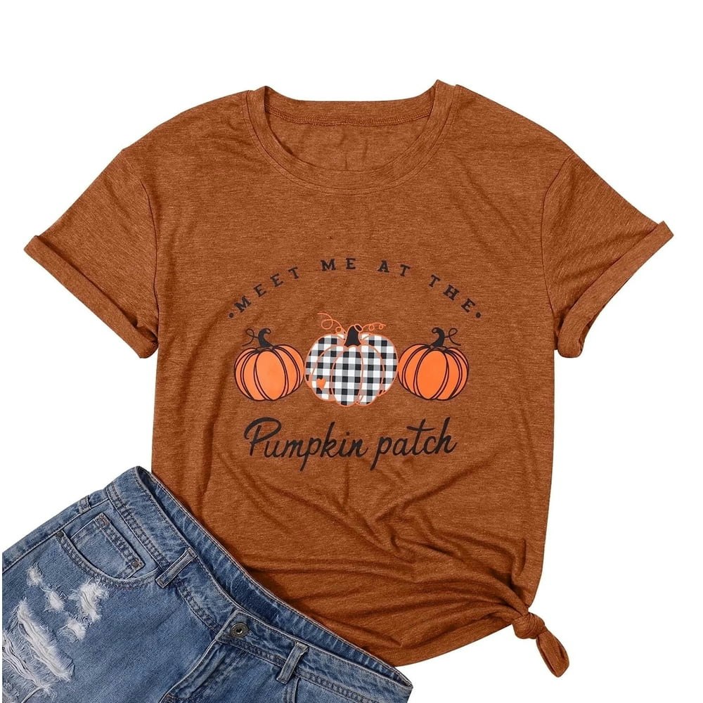 Vilove Women's Pumpkin Plaid Halloween T-Shirt: $13.87