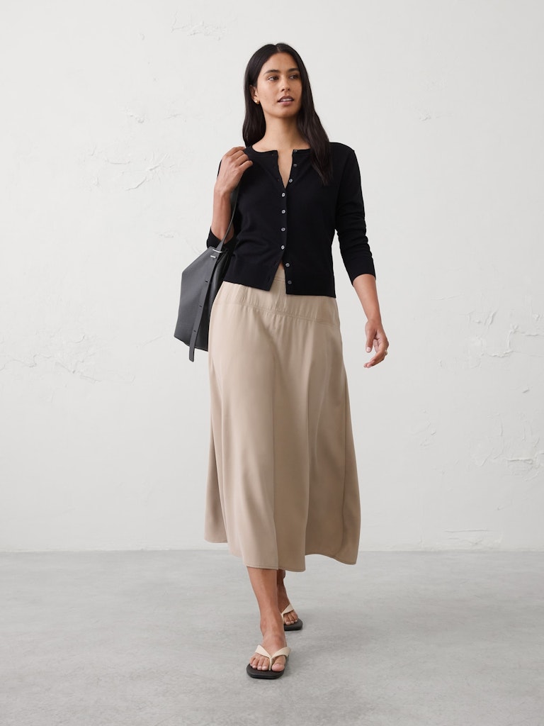 Curved Seamed-Waist Midi Skirt: $50