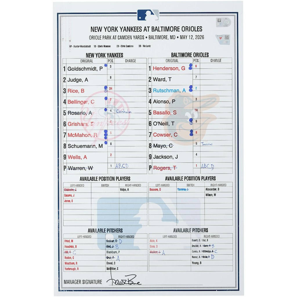 New York Yankees vs. Baltimore Orioles May 12 2026 Game-Used Lineup Card: $299.99 New York Yankees vs. Baltimore Orioles May 12 2026 Game-Used Lineup Card: $299.99