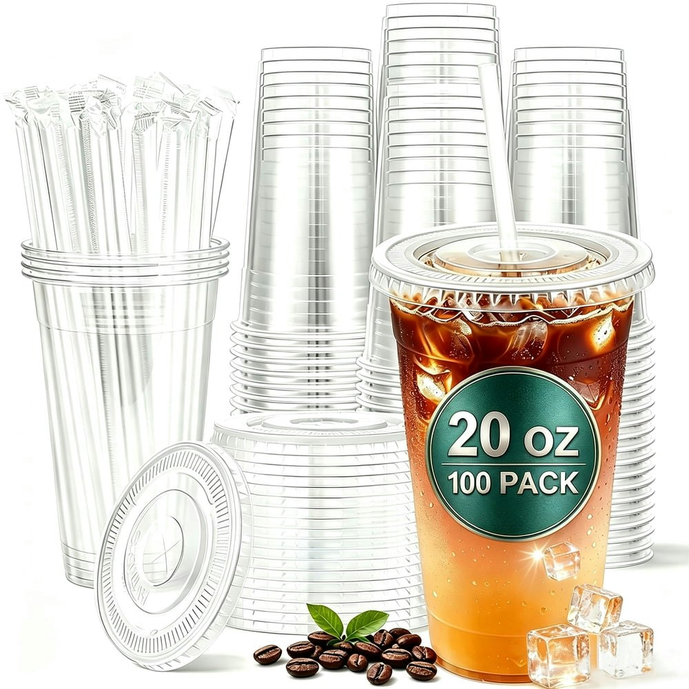 Bysnow 20-oz Clear Plastic Cups with Lids and Straws 100-Pack: $22.88