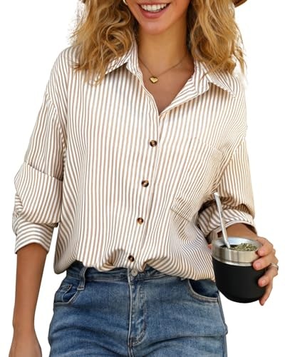 Chyrii Women's Long Sleeve Striped Button-Down Blouse: $29.88