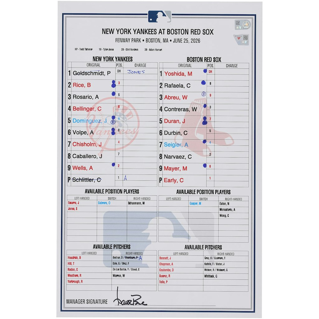 New York Yankees vs. Boston Red Sox June 25, 2026 Game-Used Lineup Card: $299.99 New York Yankees vs. Boston Red Sox June 25, 2026 Game-Used Lineup Card: $299.99