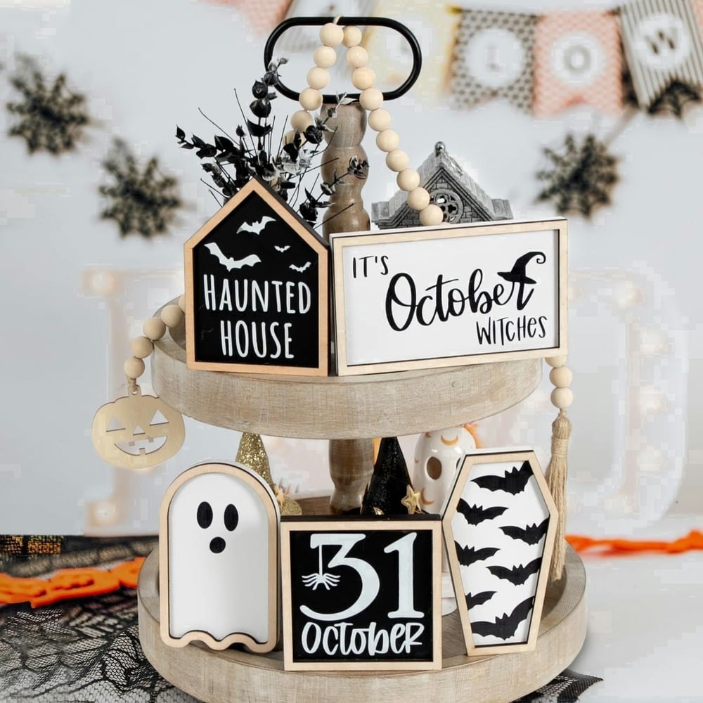 Halloween Tiered Tray Wooden Decor 6-Piece Set: $12.59