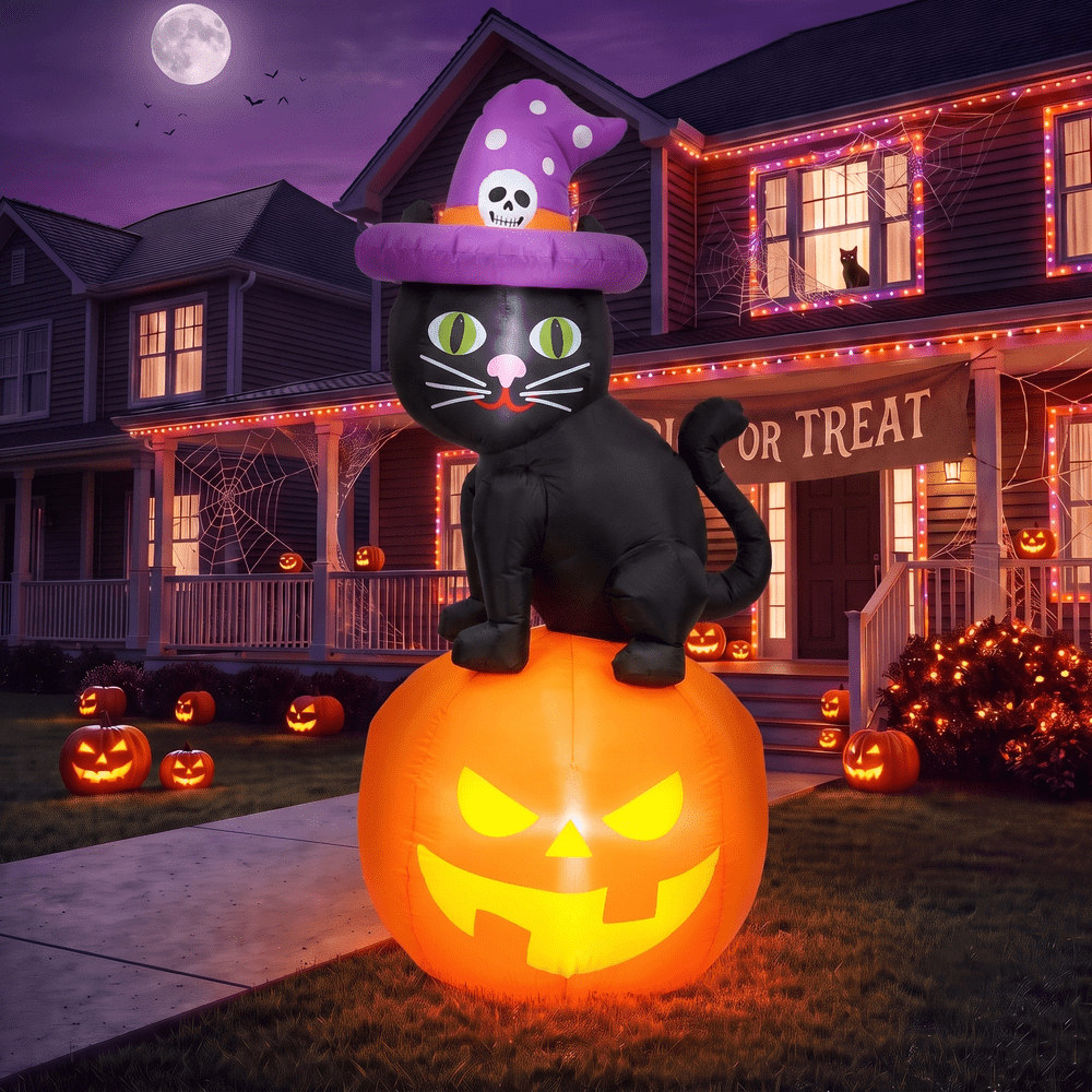 Glazina 6-Foot Halloween Inflatable Black Cat on Pumpkin with Witch Hat: $36.89