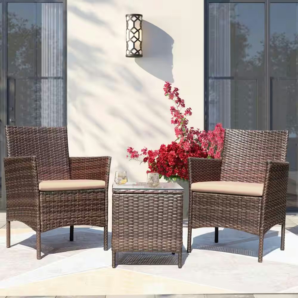 Tozey Brown 3-Piece PE Rattan Outdoor Conversation Set w/ Table: $98