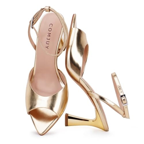 Comjuy Women's Gold Pointed Toe Kitten Heel Sandals: $36.73