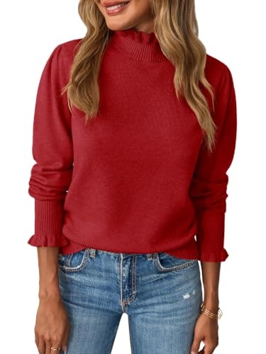 Saodimallsu Women's Ruffle Mock Neck Puff Sleeve Knit Pullover: $26.97