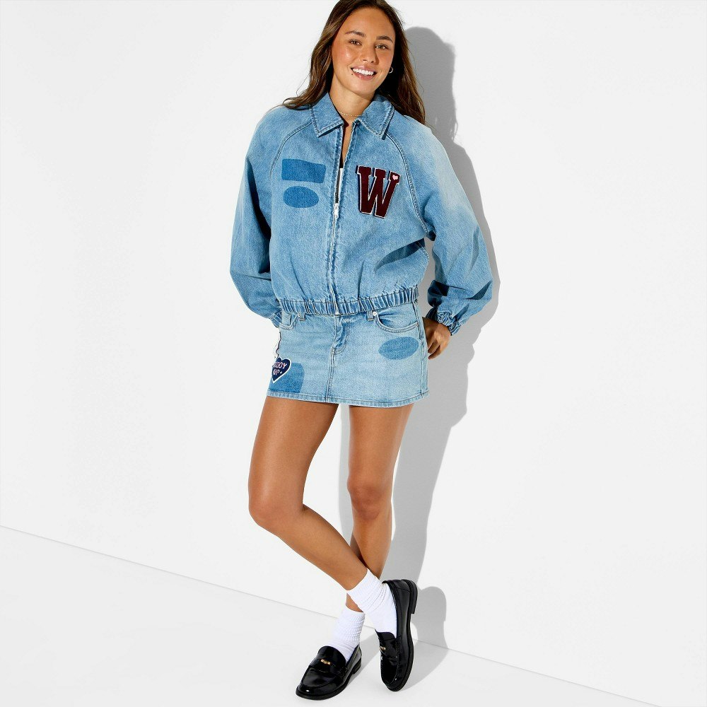 Wild Fable Women's Denim Patchwork Varsity Jacket: $40