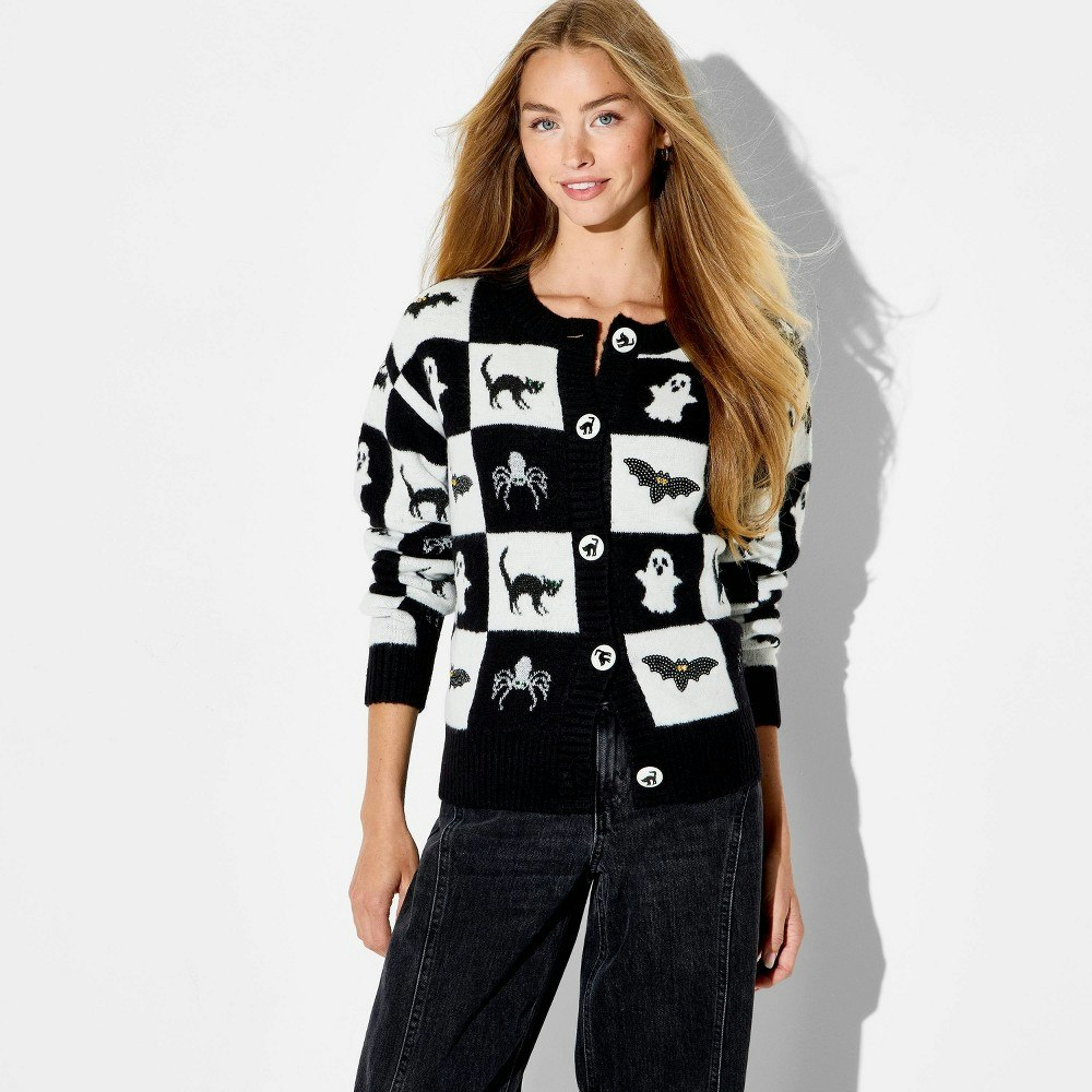 Women's Halloween Checkerboard Graphic Cardigan Sweater: $35