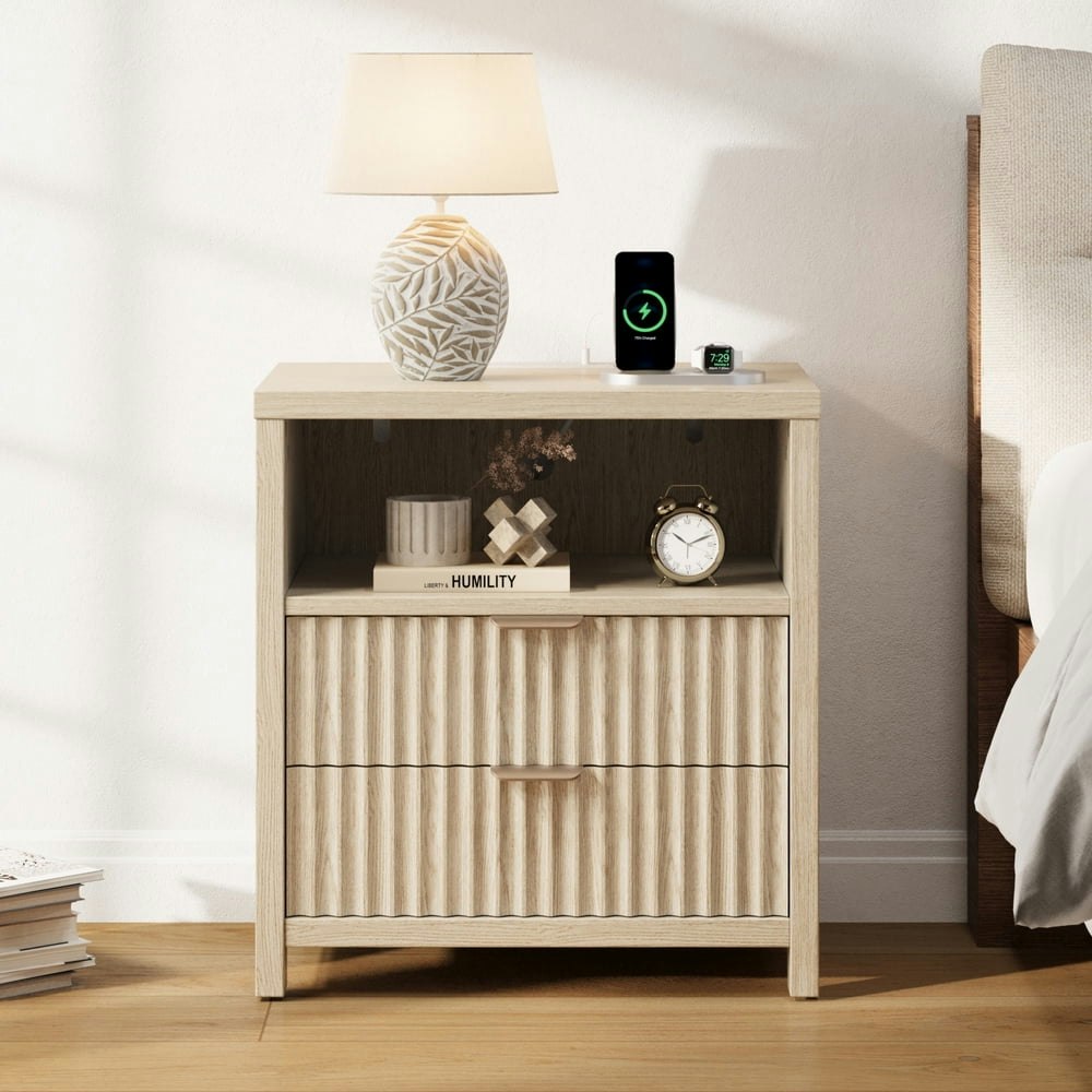 Satifur Fluted 2-Drawer Nightstand with Charging Station: $69.79 Satifur Fluted 2-Drawer Nightstand with Charging Station: $69.79