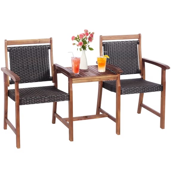Costway 2-Seat Patio Rattan Bench w/ Acacia Wood Frame Table: $81