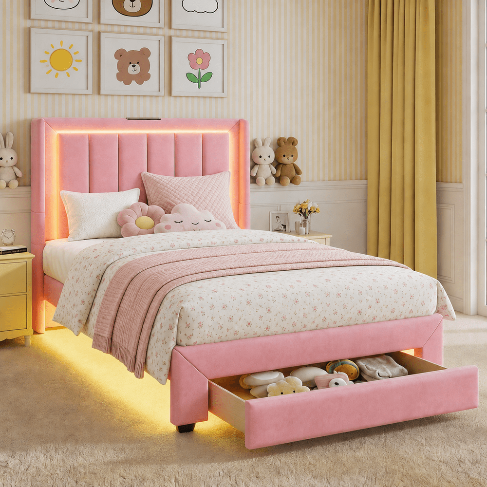 Uhomepro Twin Upholstered Platform Bed with Charging Station and Storage Drawer: $139.69