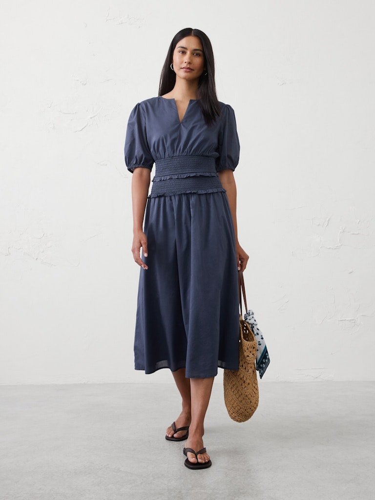 Puff-Sleeve Smocked-Waist Midi Dress: $75 Puff-Sleeve Smocked-Waist Midi Dress: $75